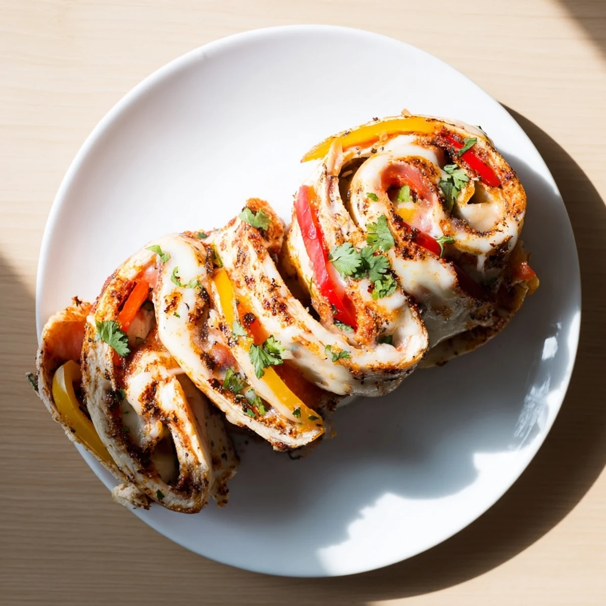 Savory baked chicken fajita roll ups garnished with fresh cilantro and lime wedges