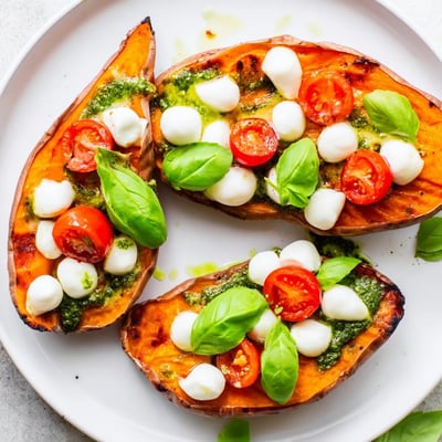 Summer Sweet Potatoes With Tomatoes Mozzarella Pesto