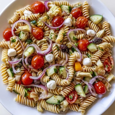 Italian pasta salad brimming with cherry tomatoes, mozzarella, and fresh garden herbs