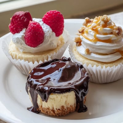 Individual mini cheesecakes drizzled with caramel and crowned with fluffy whipped cream
