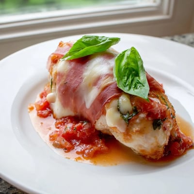 Creamy baked chicken Valdostana with bubbling cheese and savory ham over rich tomato sauce